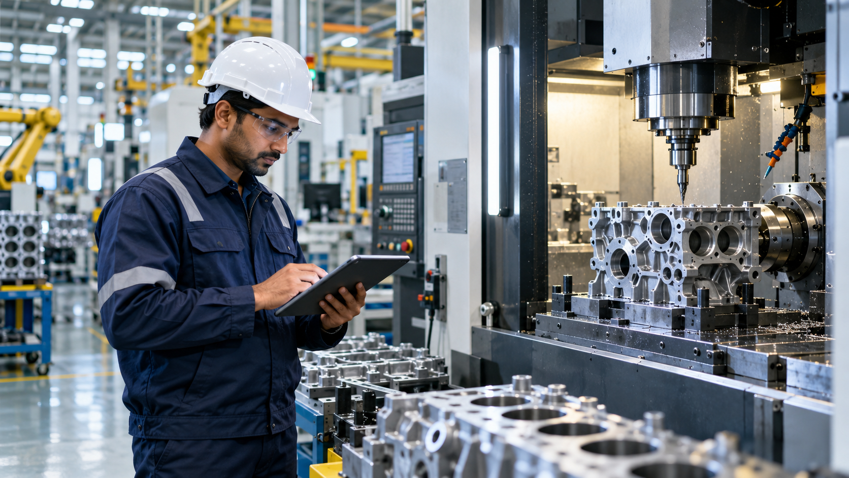 Manufacturing engineer inspecting equipment in a modern factory